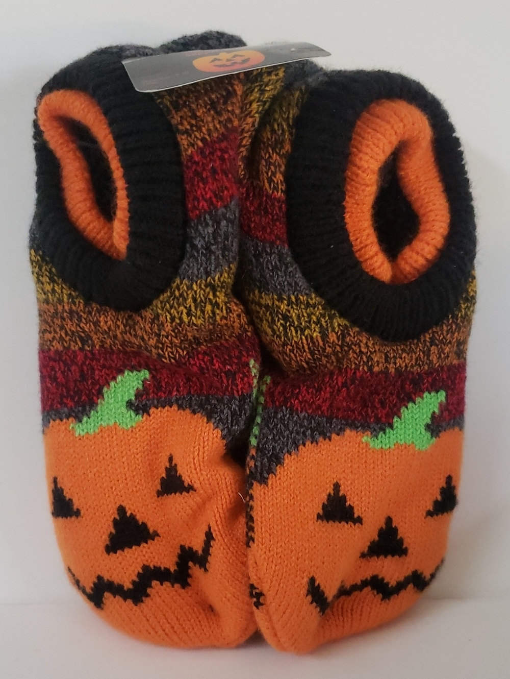 Fuzzy Babba Pumpkin Face Plush Halloween Slipper Socks, 4-10